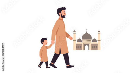 Father and son walking together towards a mosque, a serene scene of cultural heritage and family bonding