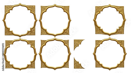Ornate golden frames with intricate designs arranged in a grid pattern on a clean white background viewed from directly above