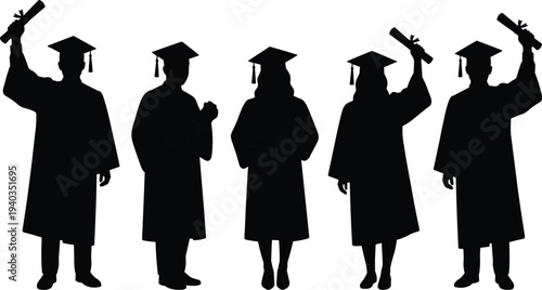 Graduate student silhouettes holding diplomas, university graduation ceremony people in academic gowns celebrating education achievement isolated vector illustration