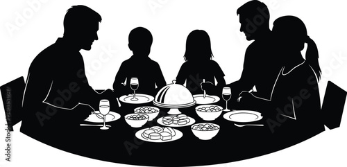 Black and white silhouette illustration of family dinner table scene with parents and children sharing food, togetherness, bonding, communal dining