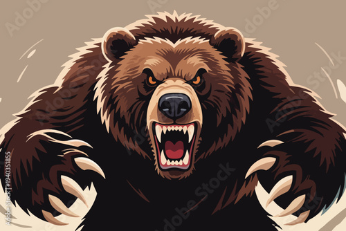 Fierce roaring bear with sharp teeth, red tongue and claws raised, intense eyes, bold jagged fur lines, dramatic stylized illustration on beige background.