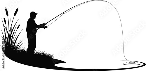 Black and white silhouette of person fishing by water with cattail plants, peaceful outdoor recreation scene symbolizing nature and tranquility.
