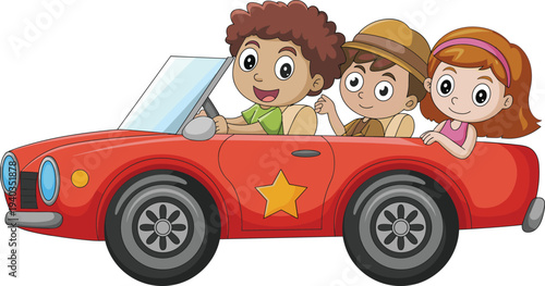 Cartoon children riding in red convertible car with star emblem, cheerful kids travel scene, playful illustration for education, entertainment, and creative artwork