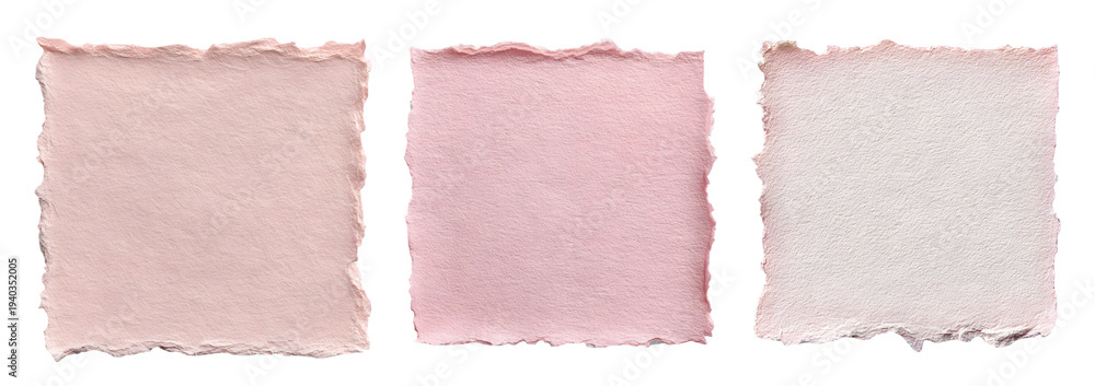 Fototapeta premium Three textured squares of handmade pink and blush paper with beautifully distressed deckled edges on transparent background
