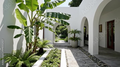 Modern tropical courtyard pathway with white arches and lush green plants in sunlight