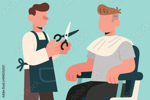 Barber in dark apron holding scissors preparing haircut for client in white cape, stylized barbershop scene with teal background highlighting professional grooming.