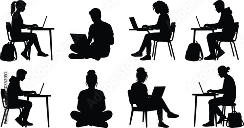 People working on laptop silhouette set, students and freelancers studying online, remote work learning characters isolated vector illustration