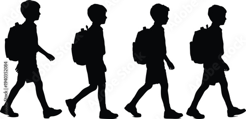 Schoolboy silhouettes walking with backpacks, children going to school, student education lifestyle isolated vector illustration collection