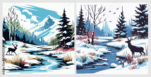 Snowy winter landscape: tranquil river, pine forest, and mountain peaks.