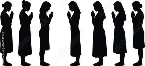 Women praying silhouette set, female prayer gesture collection, spiritual worship meditation pose, religious devotion people isolated vector illustration