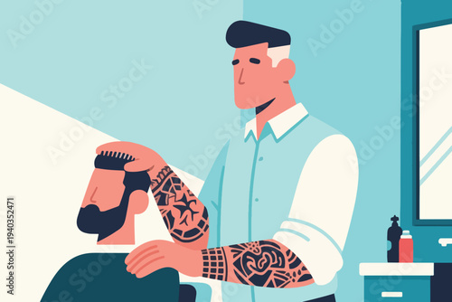 Tattooed barber in rolled up sleeves styling client’s hair by hand, modern barbershop interior with mirror, counter, and grooming products.