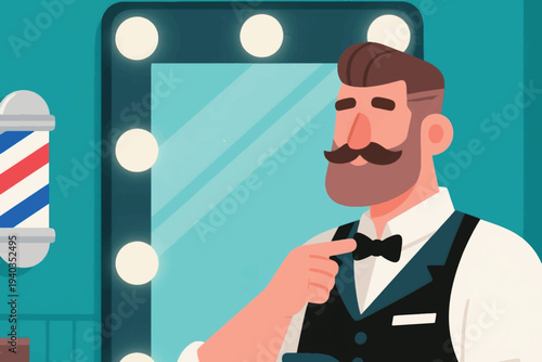 Man with styled hair, beard, and mustache adjusting bow tie in front of mirror with round lights, classic barbershop interior featuring striped pole.