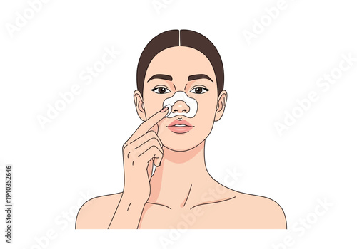 Female Skincare Routine Using Nose Strip for Removing Blackheads Vector