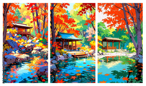 Autumn Japanese garden landscape with traditional wooden temples and colorful maple leaves