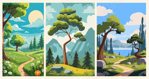 Nature landscape set: lush green forest paths, flowering meadows, and scenic lake