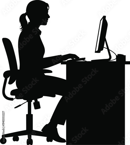 Black silhouette of person working at desk with computer, seated on office chair, symbolizing digital productivity, remote work, and ergonomics