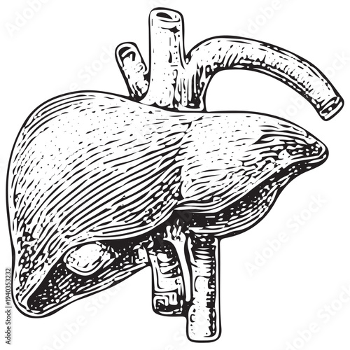 Human Liver with Blood Vessels Anatomy Illustration – Medical Engraved Internal Organ Drawing