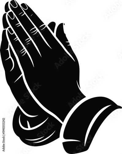 Black silhouette of praying hands with detailed fingers and cuffs, religious spiritual icon symbolizing prayer, faith, reverence, and contemplation