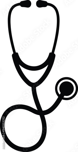 Black silhouette of stethoscope medical instrument with earpieces, tubing, and chest piece, healthcare diagnostic icon for medicine design use