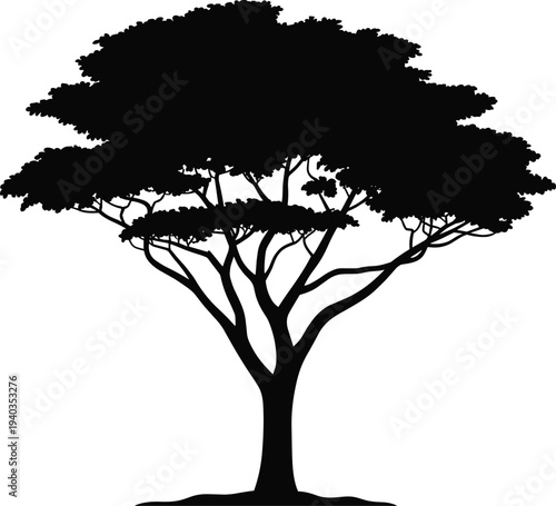 Black silhouette of tree with broad canopy and branching structure, botanical illustration symbolizing nature, growth, environment, and educational design