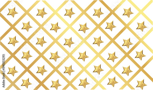 Golden stars on a golden rhombus grid pattern with diagonal lines on transparent background