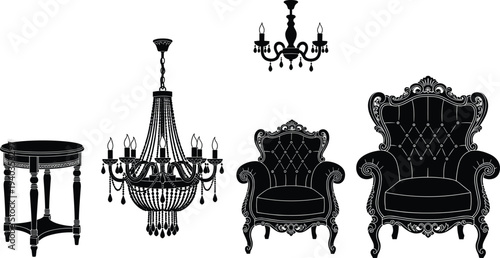 Black silhouette collection of vintage furniture and chandeliers featuring ornate armchairs, side table, classical lighting, antique interior decor inspiration