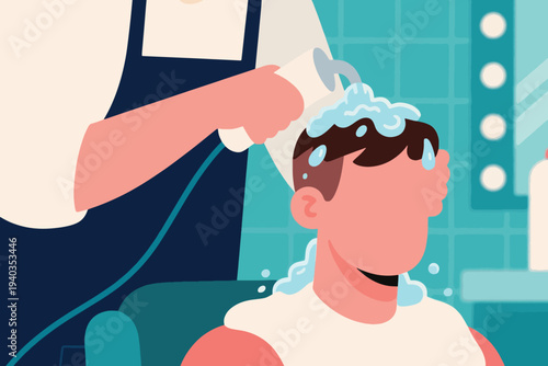 Hairdresser washing client’s hair in salon chair, water splashing down, tiled wall and mirror with lights in background, stylized grooming scene.
