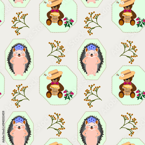  Kids seamless hand applique vector pattern cute pink hedgehogs in blue flower wreaths, teddy bears with honey jars and hats