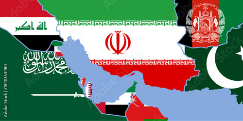 Map and flag of Middle East Asia Countries around Strait of Hormuz with national borders and Territories