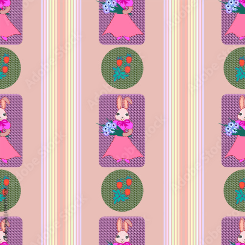 Kids seamless vector pattern in hand applique style cute pink bunnies in dresses holding flower bouquets