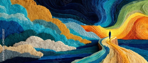 illustrated figure walks a colorful hourglass path