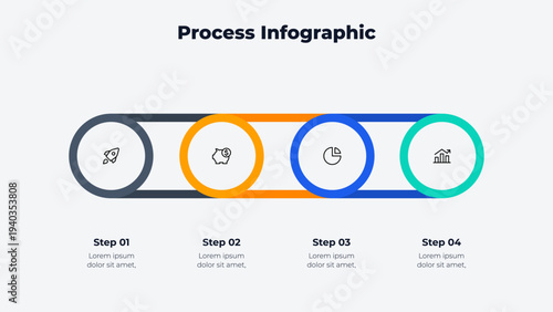 4 step horizontal circle process infographic with connected round segments forming linear workflow diagram