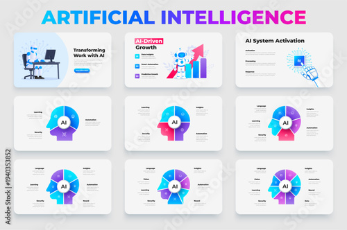 Artificial intelligence infographic diagrams set with AI head profiles circular segmented charts and technology concept layouts