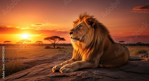 Majestic lion resting on a rock at sunset in the African savanna.