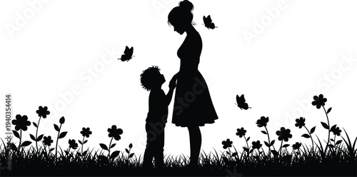 Black silhouette of woman holding child in flower field with butterflies, symbolizing motherhood, care, affection, family bond, and nature connection