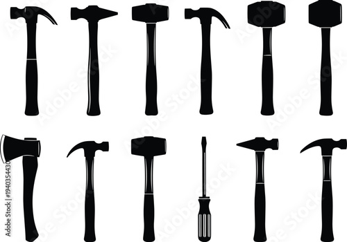 Black silhouette vector illustration of various hand tools including hammers, hatchet, screwdriver, and mallet, design for construction themes