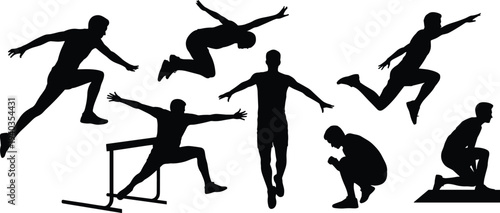 Black silhouettes of athletes in track and field poses, sprinting, hurdling, jumping, crouching, and running, symbolizing sports, training, and competition