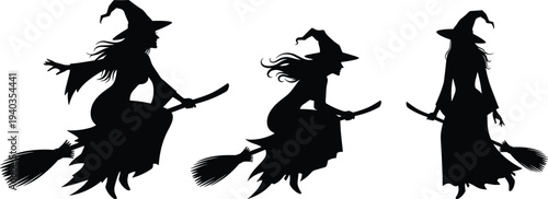 Black silhouette vector illustration of witches wearing pointed hats and riding broomsticks, perfect for Halloween, folklore, and fantasy themes