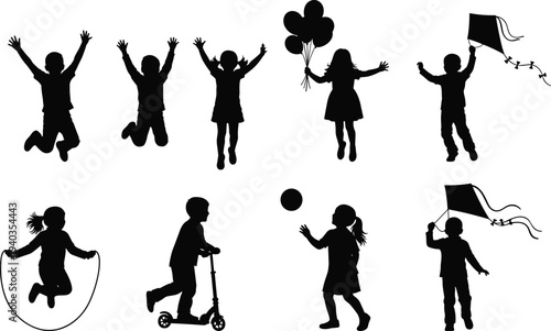 Fotografia Black silhouettes of children engaged in playful activities including jumping, kite flying, scooter riding, ball games, and joyful movement