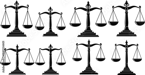 Black silhouette vector illustration of multiple balance scales icons symbolizing justice, fairness, equality, and law concepts for legal design