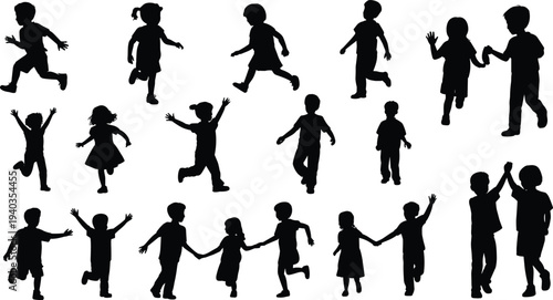 Black silhouettes of children playing, running, jumping, walking, and interacting, lively illustration symbolizing childhood energy, friendship, and social activity