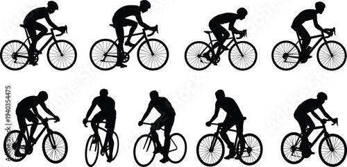 Black silhouettes of cyclists riding bicycles in varied postures, dynamic collection symbolizing cycling techniques, motion, fitness, and outdoor sports design