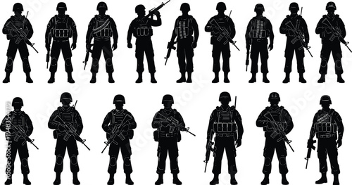 Black silhouettes of fifteen armed soldiers in combat poses with rifles, military gear, helmets, and tactical stances on white background.