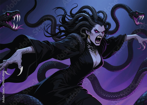 Mythological Medusa like creature with glowing purple eyes, snakes for hair, black gown, roaring expression, surrounded by menacing serpents in dark purple blue atmosphere.