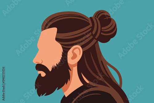 Profile of bearded man with long brown hair tied in bun, wearing black shirt, stylized vector design on solid teal background.