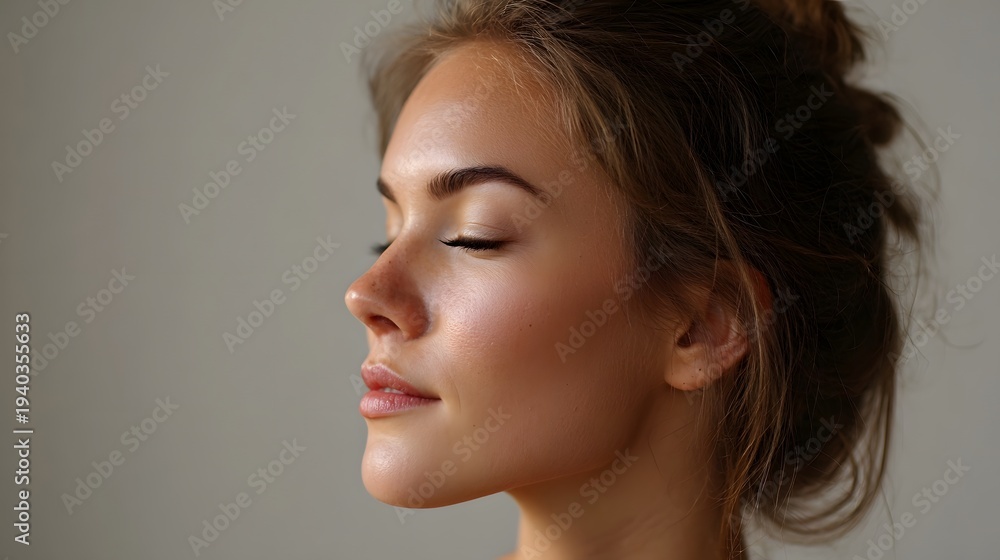 Fototapeta premium Profile of a serene young woman with eyes closed bathed in soft light against a neutral background