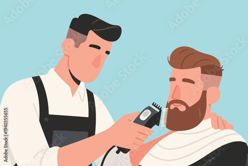 Barber in white shirt, suspenders, and apron trimming customer’s beard with electric clippers, client in barber cape, light blue background highlighting grooming and professional care.