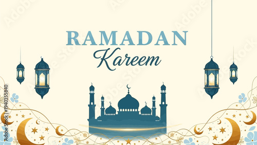 Celebration of Ramadan Kareem with mosque and lanterns in a serene nighttime scene