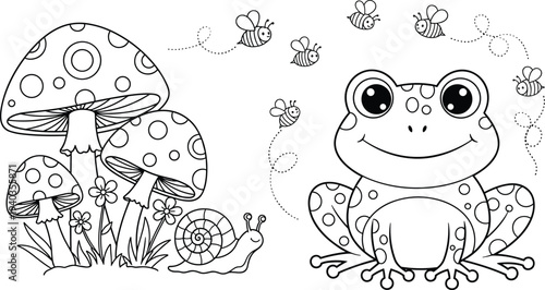 Cute cartoon frog sitting by toadstool mushrooms with a snail and buzzing honey bees in a garden line art coloring page for kids.