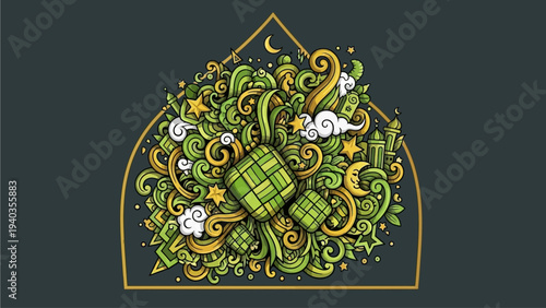An ornate green gift box surrounded by swirling foliage and stars in a pointed arch frame